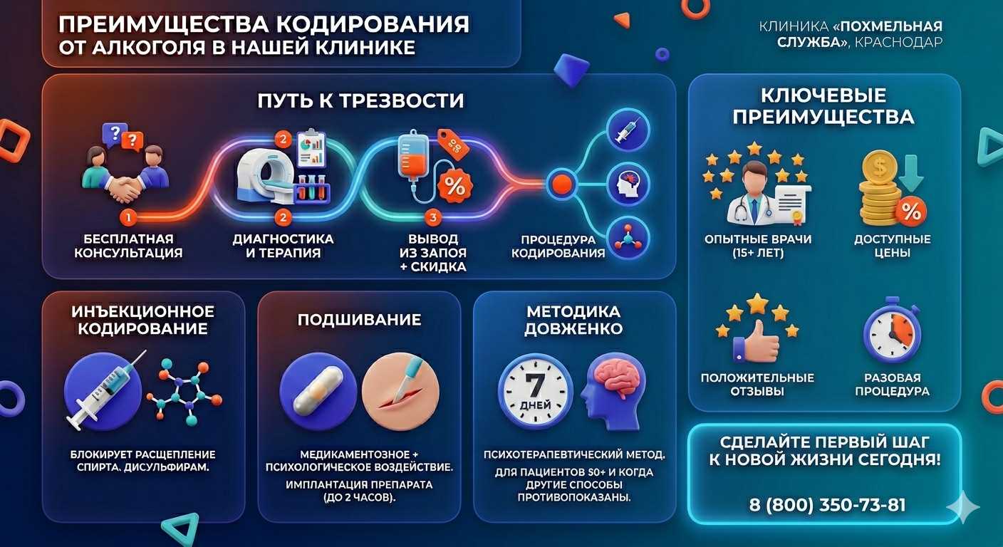 Инфографика о методах кодирования от алкоголя в Быково: инъекции, подшивание, метод Довженко. Преимущества клиники и этапы лечения.