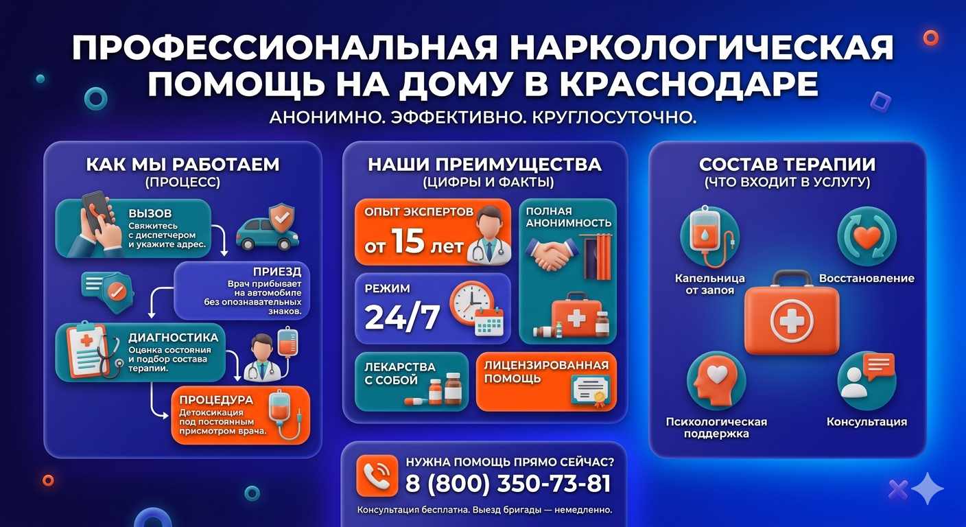 Инфографика о принципах лечения алкоголизма на дому в Быково: этапы вызова нарколога, преимущества анонимной детоксикации и состав медицинской помощи.